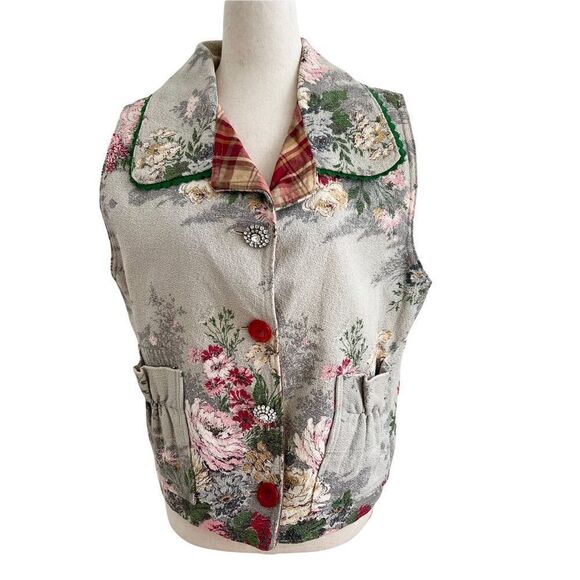 Vintage Cottagecore Handmade Floral Barkcloth Vest Rhinestone Buttons - Picture 1 of 6